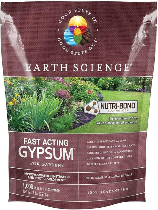 Earth Science Fast Acting Gypsum - Soil Conditioner Adds Calcium, Repairs Salt Damage & Root Growth with Nutri-Bond Runoff Reduction Technology (5 lb)