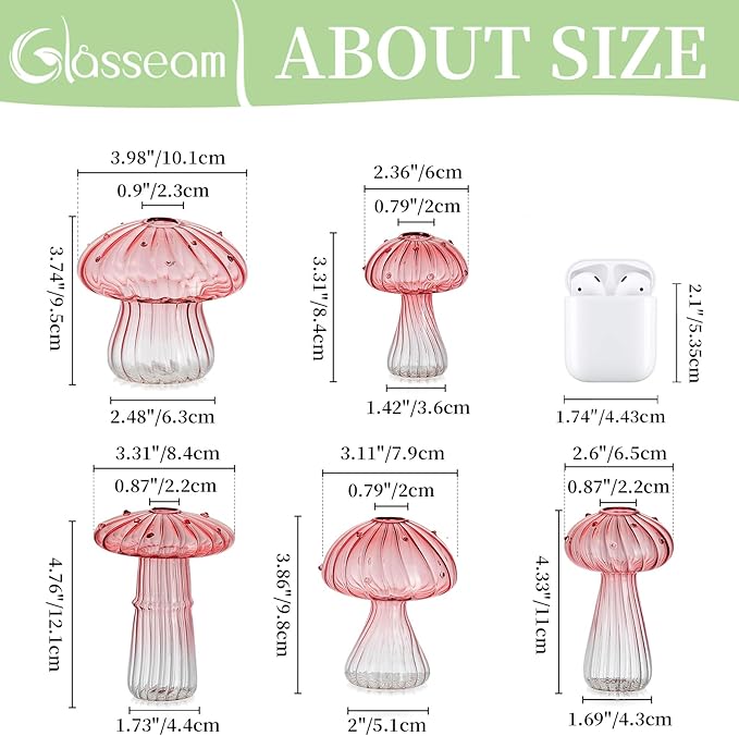 Glasseam Mushroom Plant Propagation Stations: Pink Glass Terrarium Jar Set of 10 Cute Planters for Indoor Plants Mini Propagate Station Unique Christmas Birthday Gifts for Women Home Office Decor