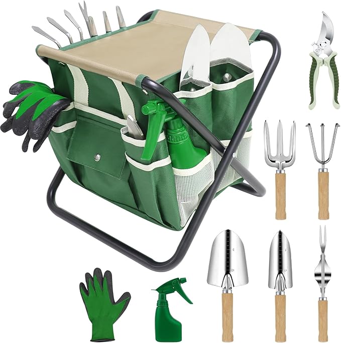 Garden Tool Set, 10 Piece Gardening Kit with Heavy Duty Folding Stool, Gardening Tools with Detachable Storage Tote Bag, Stainless Steel Garden Tools, Gardening Gifts for Women Men Green