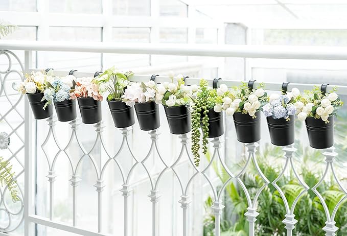 Dahey 10 Pcs Hanging Flower Pots Metal Iron Bucket Outdoor Planter for Railing Fence Balcony Garden Home Decoration Flower Holders with Detachable Hooks, Black, 5 Inches