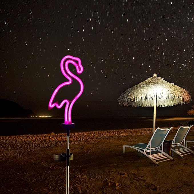 Flamingo Solar Garden Stake Lights, [Set of 2] Outdoor Solar Pathway Light for Lawn Patio Yard Walkway, Neon Pink Lighting (29.5" Height)
