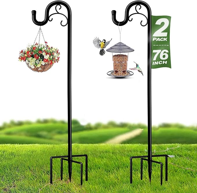Shepards Hooks for Outdoor, 76 Inch Adjustable Shepherds Hook for Bird Feeders for Outside (2pcs), Heavy Duty Humming Bird Stand Feeder Pole, Metal Garden Hooks Hanger for Outdoor Décor