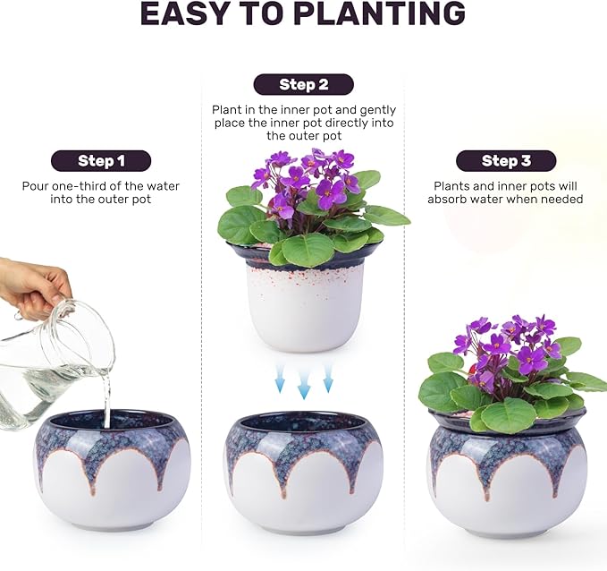 6 Inch Self Watering Pots for Indoor Plants, African Violet Pots, Ceramic Modern Decor Pots Efficient Absorption Water Plant Pot - Gradient Red