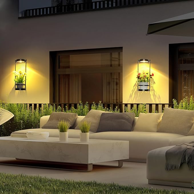 Solar Yard Wall Light with Plant Stands, Wireless Outdoor Solar Wall Lamp with 2 Modes & IP45 Waterproof Dusk to Dawn LED Outdoor Solar Lights for Garden Patio Yard Decoration (2Pack)