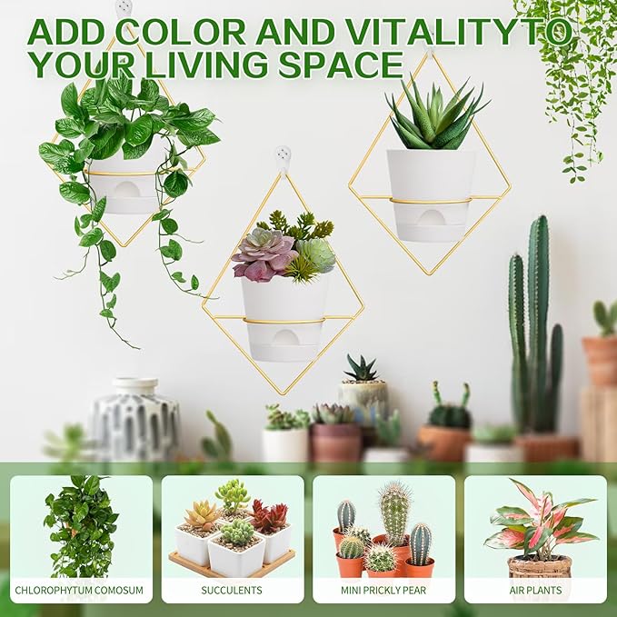 3 Sets of Wall Planters for Indoor Plants, Hanging Wall Planter with Gold Metal Holder, Geometric Self Watering Wall Flower Pots, Wall Mounted Succulent Planter, 5" White Plant Pot
