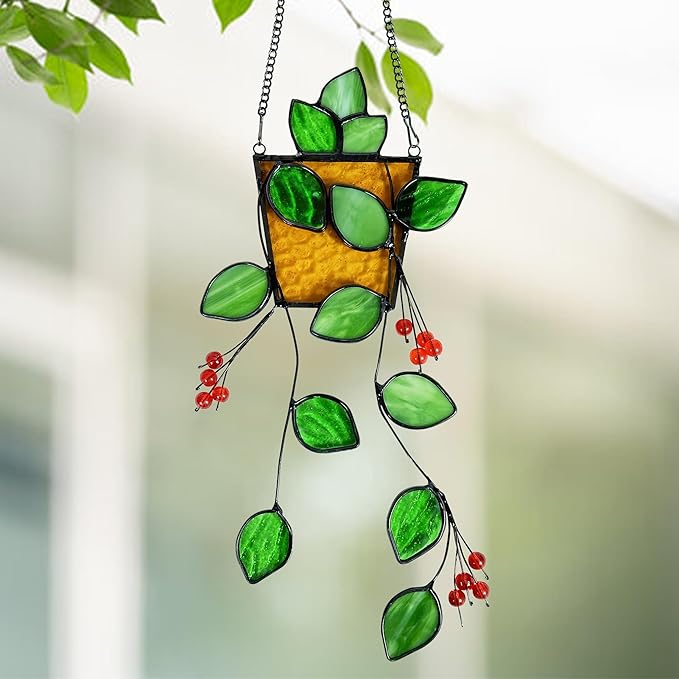 Royxen Stained Glass Window Hanging, Sun Catcher, Suncatchers for Windows Hanging, Green Plants with Yellow Pot