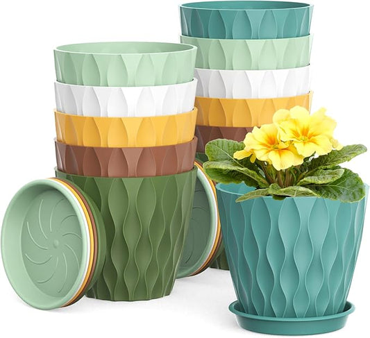 12 Pack 4 Inch Small Plant Pots with Saucers, 3D Textured Plastic Planters with Drainage Holes for Indoor and Outdoor Plants, Flowers, Herbs, Succulents, and Seedlings, Colorful