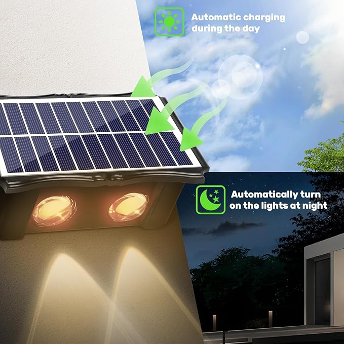 4LED Solar Wall Lights, Up and Down Lighting Solar Light Outdoor Waterproof IP65, 6500K/3000K Solar Fence Light for Yard Garden Garage Christmas Decorations (4 Pack)