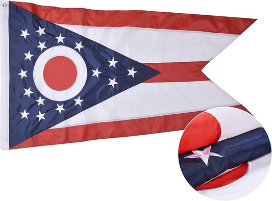 Ohio State Flag 5x8 Ft, Deluxe Embroidered Heavy Duty Polyester Durable OH Outside Flags, Indoor/Outdoor, Sewn Stripes and Brass Grommets