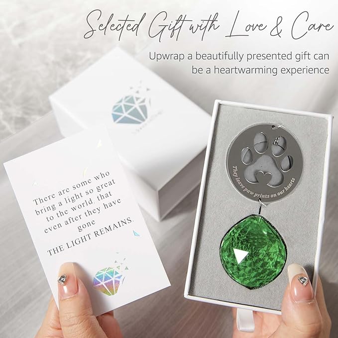Dog Memorial Gifts, Unique Loss of Pet Sympathy Idea, Green Crystal Ball Rainbow Suncatcher with Paw Print for Cat or Dog Remembrance and Bereavement