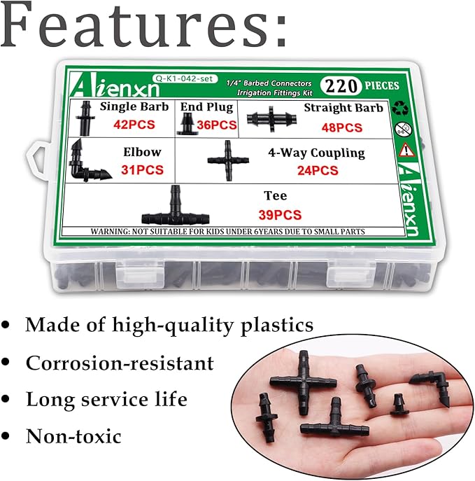 220PCS 1/4" Drip Irrigation Kit Barbed Connectors, Straight Barb, Tee, Single Barb, End Plug, Elbow, 4 Way Coupling Irrigation Fittings for Garden Lawn Flower Pot