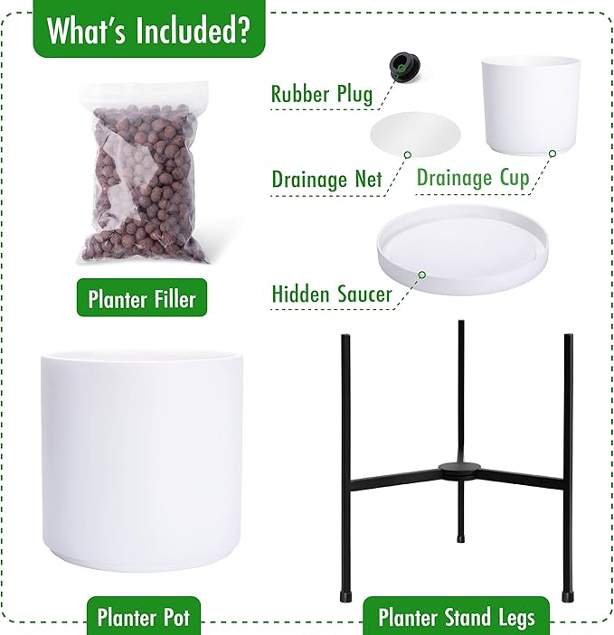 D'vine Dev Modern White Plants Pot Cylinder Planter with Heavy Duty Stand, Large 12 Inch Pot, 18.9 Inch with Stand Height, 96-T-A-3