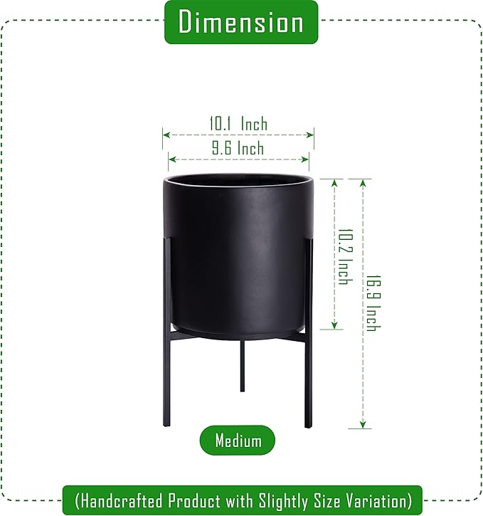 D'vine Dev Modern Black Plants Pot Cylinder Planter with Heavy Duty Stand, Medium 10 Inch Pot, 16.3 Inch with Stand Height, 96-T-B-2