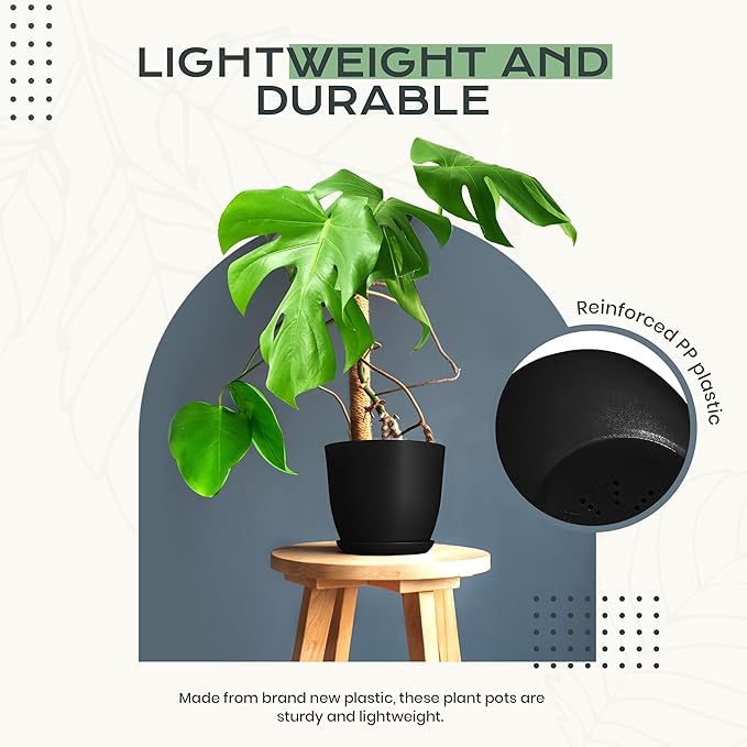 Utopia Home - Plant Pots Indoor with Drainage - 7/6.6/6/5.3/4.8 Inches Home Decor Flower Pots for Indoor Planter - Pack of 10 Plastic Planters for Indoor Plants, Cactus, Succulents Pot - Black