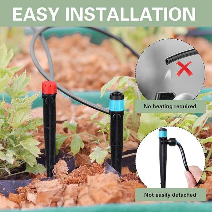 100 Pcs Drip Irrigation Emitters for 1/4" Tubing 50 Micro Irrigation Emitters Sprayer 50 Adjustable 360 Degree Water Flow Drippers for Garden Irrigation System(Red, Blue, Fast Connect)