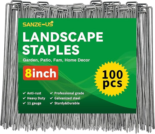 100 Pack Landscape Staples 8 Inches 10 Gauge Galvanized Garden Stakes Plant, for Securing Weed Fabric Barrier, Garden Hose Stake, Artificial Turf Stakes