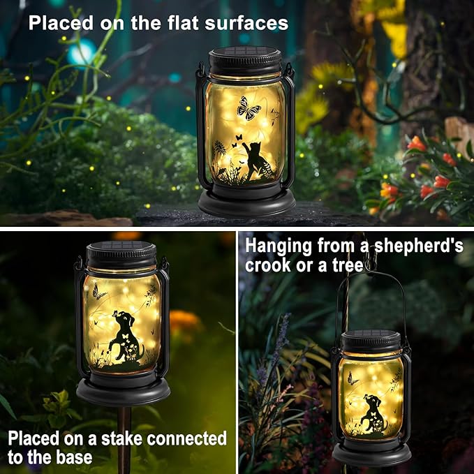 2 Pack Outdoor Hanging Solar Lantern, Cat & Dog Butterfly Vintage Glass Mason Jar, Birthday Mothers Day Gifts for Mom, Grandma, Women, Waterproof Garden lights for Patio Yard Lawn Tree Party Decor
