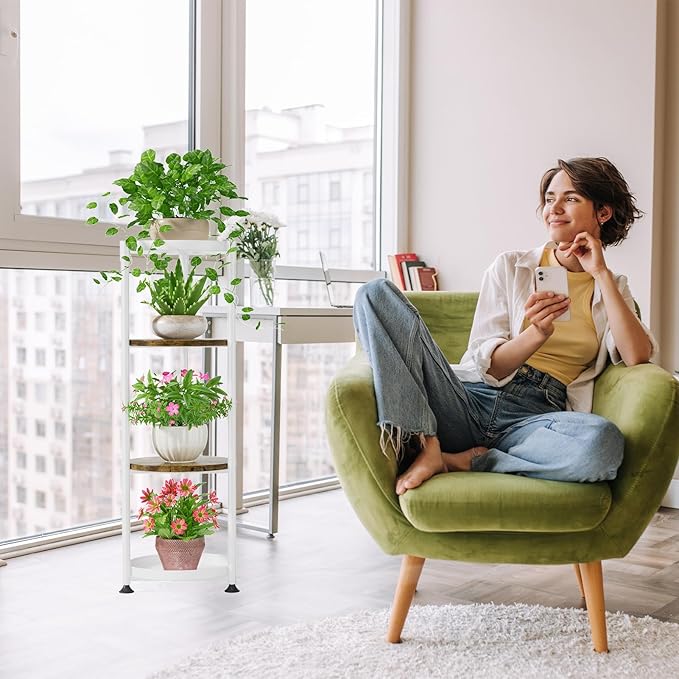 iDavosic.ly 4 Tier Corner Plant Stand Indoor, 45 Inch Tall Vertical Metal Flower Heavy Duty Pot Holder Shelf Outdoor for Patio Porch Living Room, White & Rustic Brown - Round