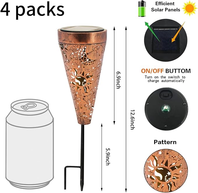 DIBIEECN 4 Pack Sun and Moon Solar Garden Pathway Lights Outdoor,Metal Garden Decorations Outdoor Lights with Patterns and Warm Light,Waterproof Landscape Lighting for Path Patio Backyard Yard