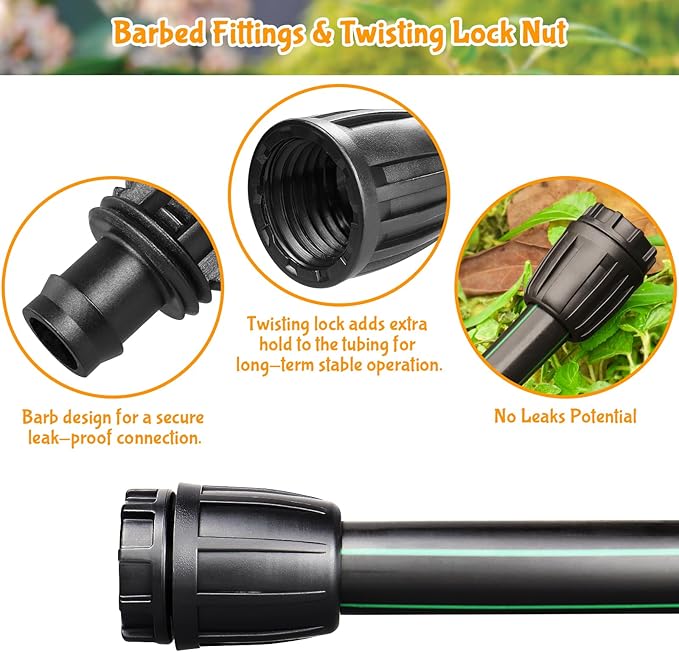 Drip Irrigation Fittings for 1/2 Inch Drip Tubing (1/2" ID x 0.65" OD)：1/2'' Drip Line End Caps Anti-drop Locked Nut Barbed Plug Connectors Garden Irrigation System Parts (10 Pack)
