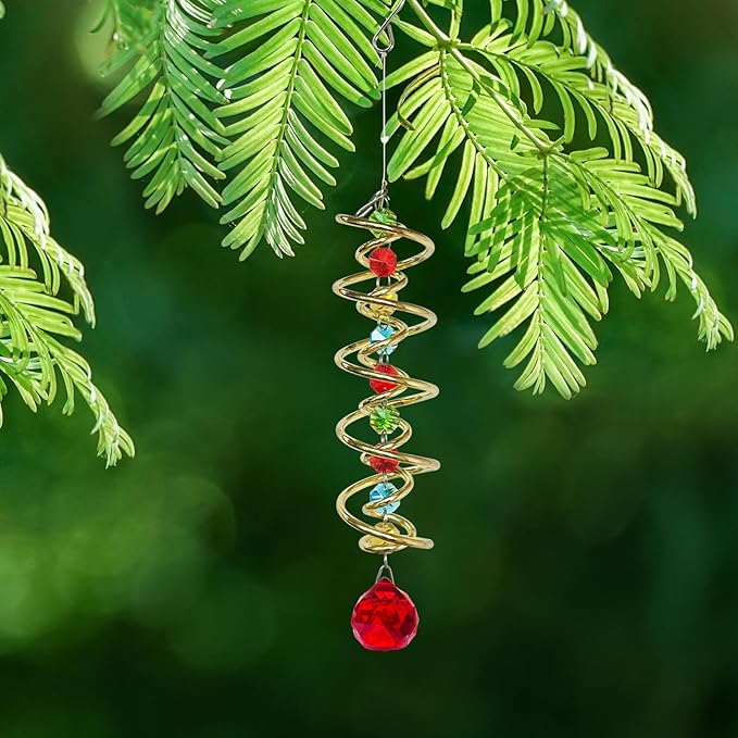 FONMY Gazing Ball Spiral Tail -Decorative Wind Spinner Sun Catcher Rainbow Maker Golden Double-Spiral W/Red Crystal Ball and Chain Crystals Beads for Indoor Outdoor Garden Decoration -14 inch Height