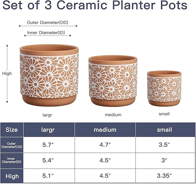 3 Piece Ceramic Plant Pots, 5.7/4.7/3.5/inch Planters with Drainage Hole, Outdoor Indoor Flower Pots Set, Modern Decorative Plant Pots for Lilies, Cacti, Succulents, Snakes, Bamboo(Red)