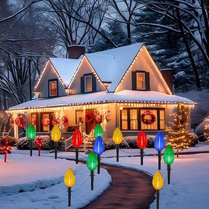 Jumbo C9 Christmas Pathway Lights Outdoor - 2 Pack Total 14 FT 8 LED C9 Giant Clear Multicolor Christmas Walkway Lights for Lawn Holiday Yard Garden Driveway Xmas Decorations
