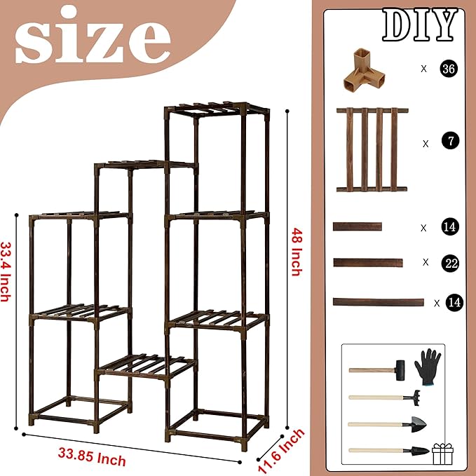 HOMKIRT Plant Stand with Grow Light, Tier Plant Shelf Indoor Outdoor for Multiple Plants, Wood Tall Plant Rack Holder Flower Stand for Corner, Patio, Garden, Living Room
