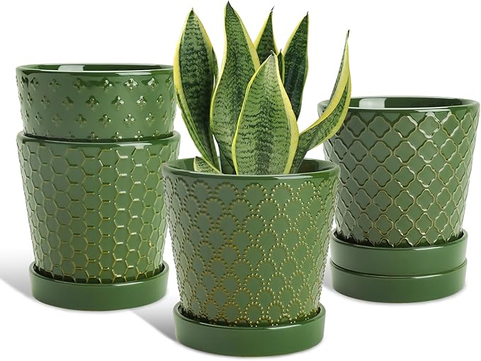 EFISPSS Ceramic Plant Pots, 5 Inch Planters with Drainage Holes and Ceramic Tray, Relief Design Flower Planter，Desktop Office Windowsill Decoration Gift Set of 4 - Blackish Green