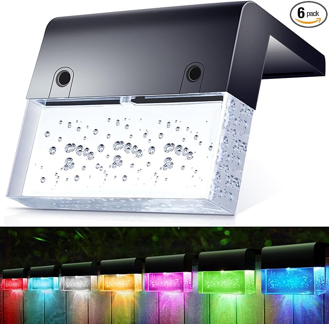 6 Pack Solar Fence Lights, 2 Lighting Modes Step Lights Outdoor, Acrylic Bubbles LED Super Bright Waterproof Solar Deck Light for Outside Stair Fence Step Pool Backyard Decor (Warm White/7 Color)