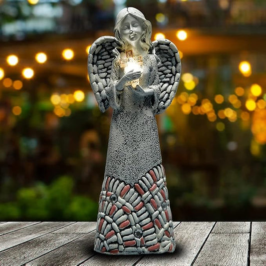 Angel Garden Statues Outdoor Solar Decor Gifts for Women Cross Praying for Cemetery Backyard Lawn Yard Decoration（10.24inch）