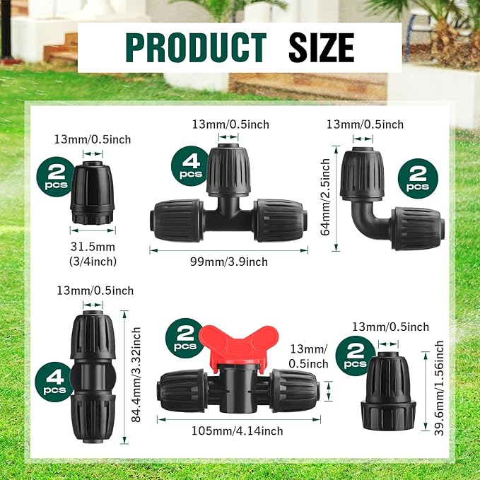 32 Pcs 1/2" Tubing Irrigation Fittings Kit 1/2" ID x 0.6-0.63" OD 16 mm Drip Irrigation Barbed Connectors 4 Switch Valves, 8 Tees, 8 Couplings, 4 Elbows, 4 Ends, 4 Adapters (Green, Black)