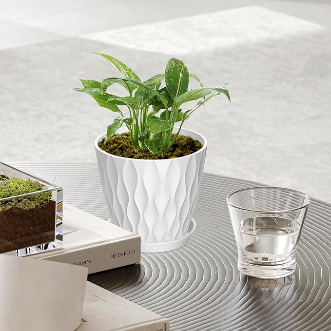 6 Pack 4 Inch Small Plant Pots with Saucers, 3D Textured Plastic Planters with Drainage Holes for Indoor and Outdoor Plants, Flowers, Herbs, Succulents, and Seedlings, Colorful