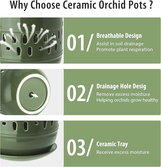 Orchid Pots with Holes, 5+6 Inch Ceramic Orchid Pot, Enhance Good Ventilation and Drainage,Flower Pots for Indoor/Outdoor Plants 2 Pack - Forest Green