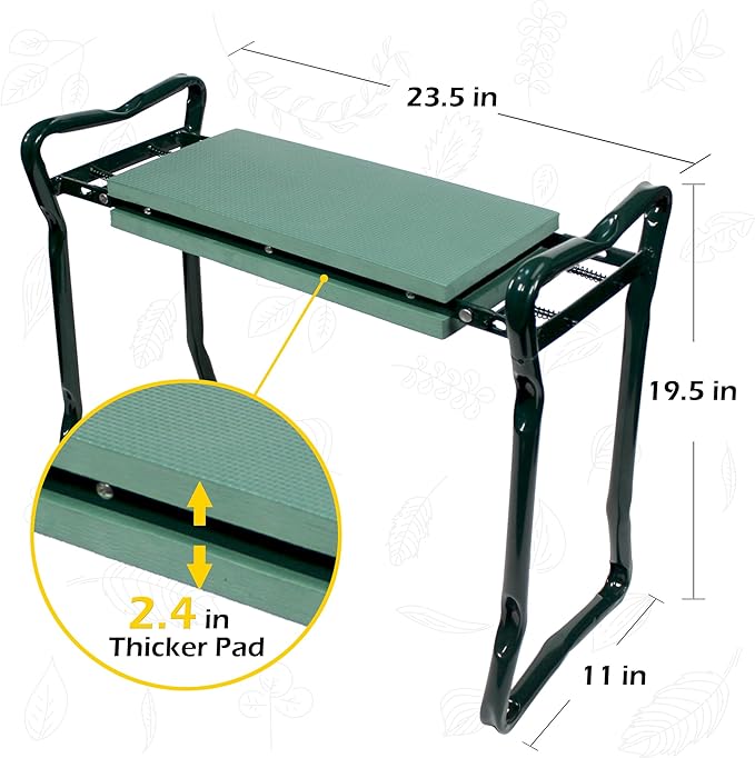 MaxWorks 50921 Folding Garden Kneeler Stool with 8 inch Wide Kneeling Pad, with 1 Tools Pouch for Planting and Gardening