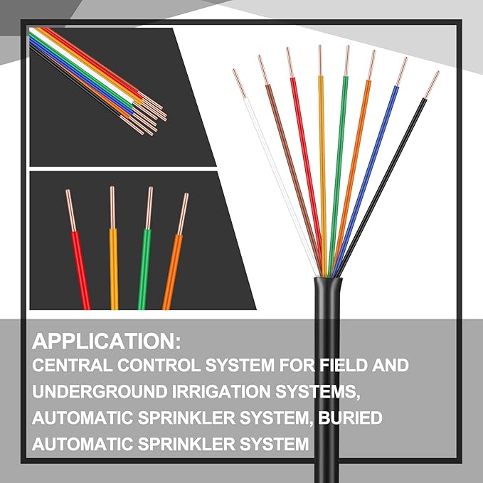 Hoolerry Solid Sprinkler System Wire 18 Gauge Irrigation Wire with UV Resistant PVC Jacket Sprinkler Cable for Underground Irrigation Field Central Control System 30v Ul Listed(18/8, 100 Ft)