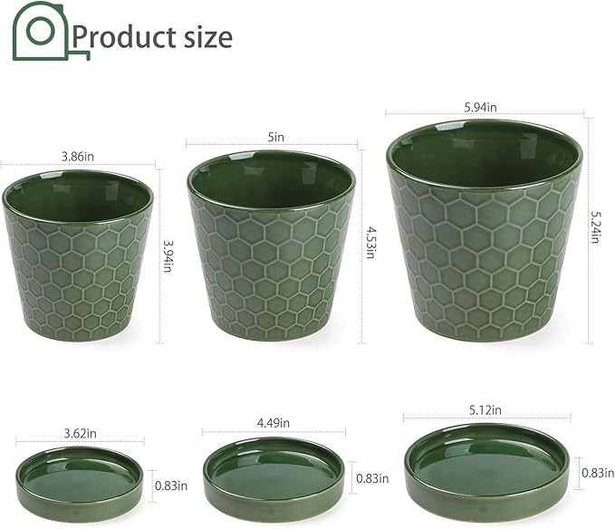 Ceramic Plant Pot – 4”+5”+6” inch Ceramic Flower Pot with Drainage Holes and Ceramic Tray - Gardening Home Desktop Office Windowsill Decoration Gift Set 3 - Plants NOT Included (Patina)