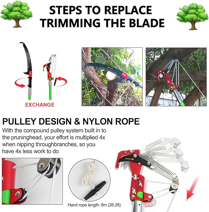 7-27 Feet Pole Saws for Tree Trimming, tree trimming manual branch trimmer set, extendable hand saw, long-handled trimmer with storage bag attachment.Green.