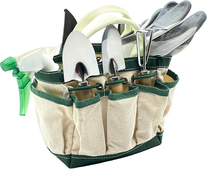 RyKing Small Garden Tool Set, 8 Piece Gardening Balcony Mini Kit Bag, Trowel Transplanter Hand Rake Pruner Snips Shovel Gloves Watering Spray, Stainless Steel Wooden Handles, Gift for Woman Men Kids