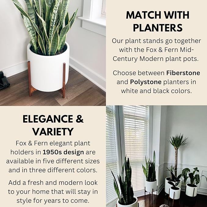 Fox & Fern Mid Century Plant Stand — 14.9 Inch Fixed Size Wooden Plant Stand for Indoor Planters; Extra Large Flower Pot Holder for Indoor Big Pots; Plug In Design; Two Height Options - Acacia