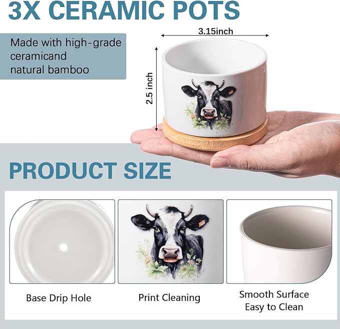 3 Pcs Cow Decor Gift for Christmas Women Planter Ceramic Gift Animal Plant Pot with Bamboo Tray for Office Home Farm House Bathroom Kitchen Decorations (No Plants Included)