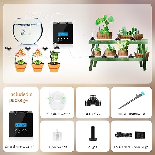 Automatic Plant Waterer Indoor with Adjustable Nozzle for 20 Potted Plants, Automatic Watering System with 2 Self-Priming Pump Devices and Programmable Watering Timer