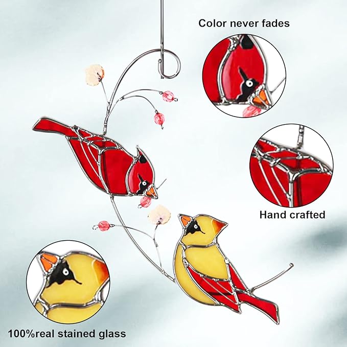 Cardinal Suncatchers Stained Glass for Window Hangings, Cardinal Sun Catchers Gifts for Women, Red Birds Sun Catchers for Christmas Dec, Cardinal Window Suncatcher Ornament