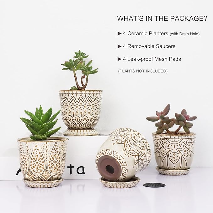 Gepege Succulent Pots, 4 Inch Small Indoor Ceramic Planter Pot with Drainage Holes and Saucers for Plants- Creamy White - Set of 4