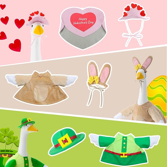 3 Sets Seasonal Goose Outfits Valentine Easter St. Patrick Festivals Lawn Clothing for 23'' Goose Lawn Garden Patio Yard Porch Outdoor Decorations
