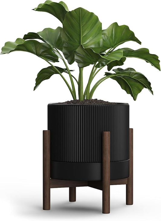 Ceramic Planter Pots Indoor with Drainage Hole & Saucer,Including Stand,7.3 Inch Mid-Century Modern Cylinder Plant Pot for Snake Flower Leaf