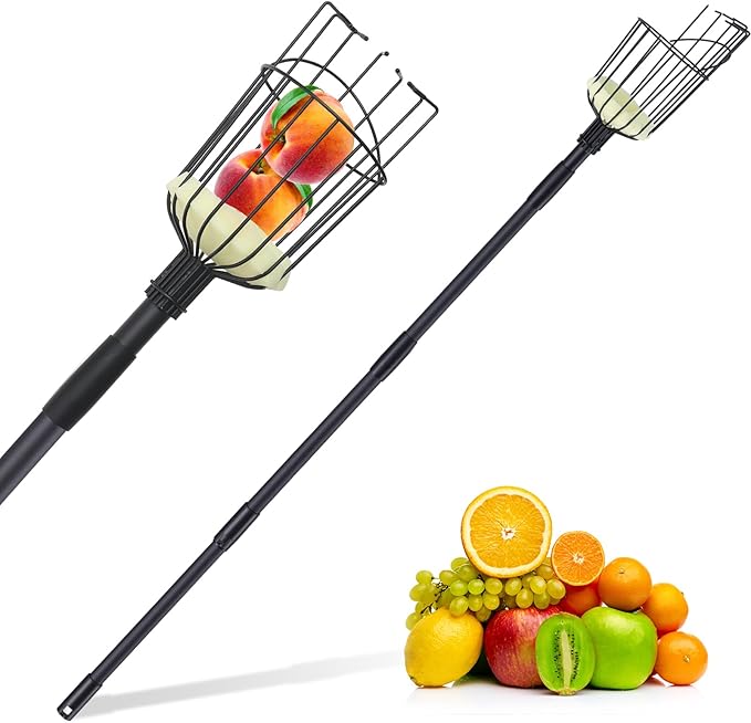 Fruit Picker Pole Tool with Basket, 7.3 FT (88 Inch) Adjustable Fruit Grabber Reacher Tool Long Handle Fruit Catcher for Apple Lemon Pear Citrus Mango Tree Gardening Supplies, Black
