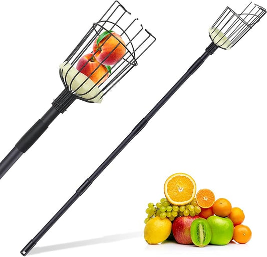 Fruit Picker Pole Tool with Basket, 7.3 FT (88 Inch) Adjustable Fruit Grabber Reacher Tool Long Handle Fruit Catcher for Apple Lemon Pear Citrus Mango Tree Gardening Supplies, Black
