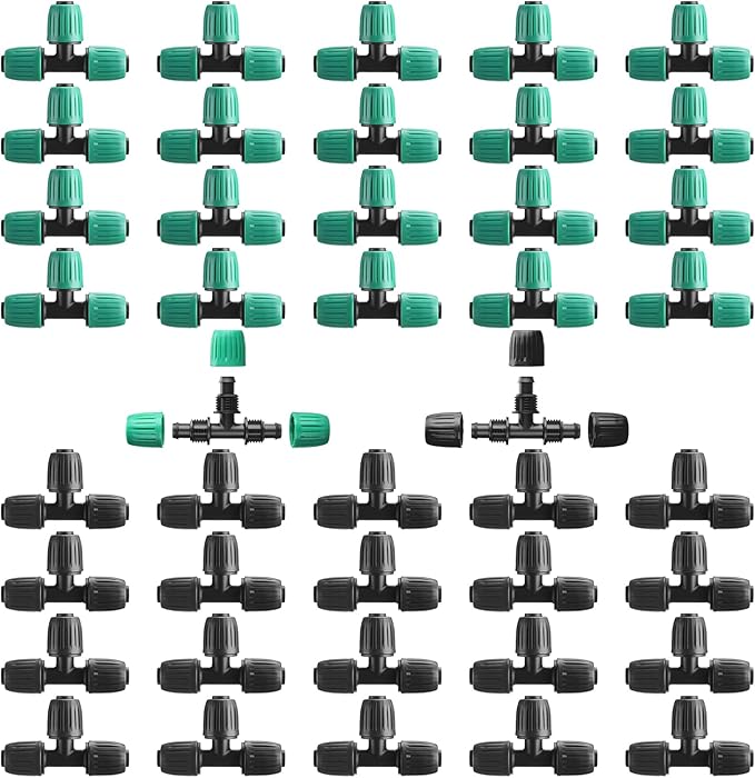 Frienda 40 Pcs 1/2 Inch Drip Irrigation Lock Barbed Tee Tubing (1/2" IDx0.6-0.63" OD) 16mm Fittings Drip Irrigation Parts Anti Drop Locked Reducing Tee for Hose, Black and Green