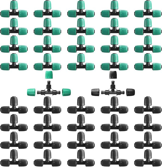 Frienda 40 Pcs 1/2 Inch Drip Irrigation Lock Barbed Tee Tubing (1/2" IDx0.6-0.63" OD) 16mm Fittings Drip Irrigation Parts Anti Drop Locked Reducing Tee for Hose, Black and Green